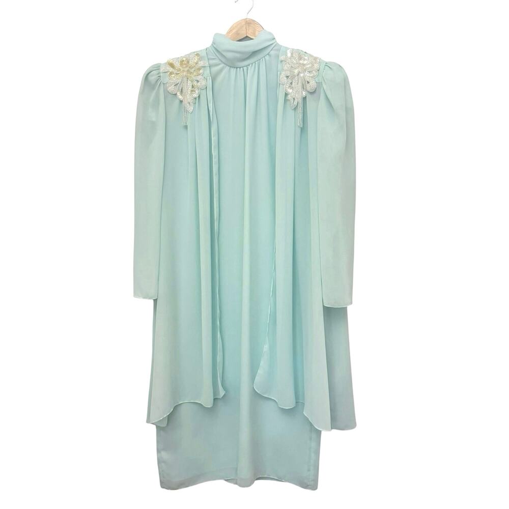 Vintage Patra Dress Size 12 Sheer Mod 60s Long Jacket Sequin Appliqué Mock Neck